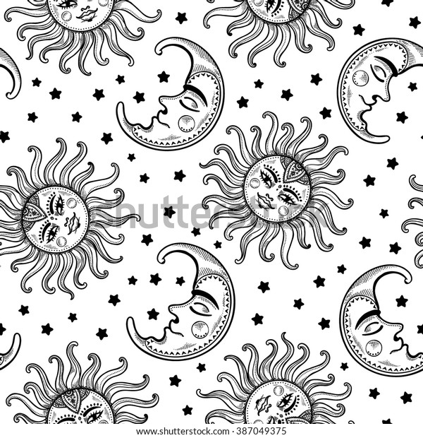 Sun Moon Vintage Vector Seamless Pattern Stock Vector Royalty Free