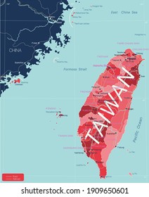 Taiwan Detailed Editable Map Regions Cities Stock Vector Royalty Free