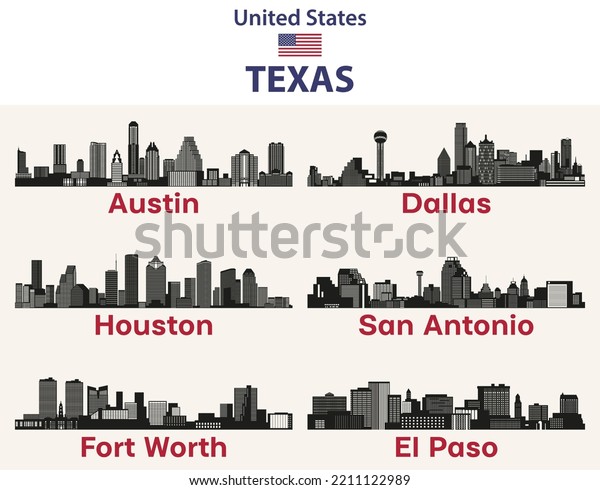 Texas Cities Skylines Silhouettes Vector Set стоковая векторная