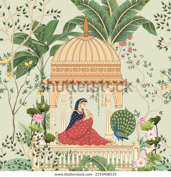 Traditional Mughal Queen Sitting Garden Arch Stock Vector Royalty Free