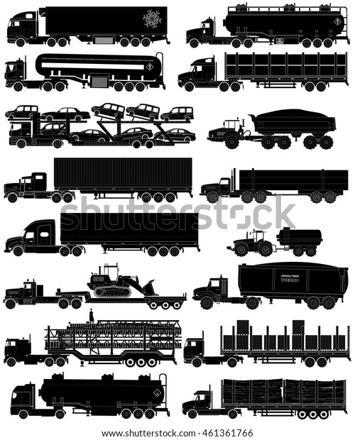 Trucks Trailers Silhouettes Set Semitrailers Trucks Stock Vector