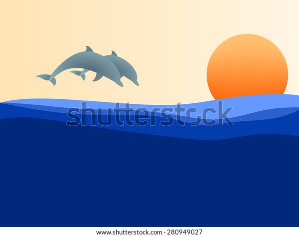 Two Jumping Dolphins Sunset Stock Vector Royalty Free