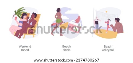 Urban beach isolated cartoon vector illustrations set. Summer weekend mood, beach picnic, play volleyball with friends, drink cocktails, recreation day, leisure time together vector cartoon.
