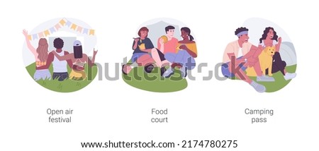 Urban summer weekend isolated cartoon vector illustrations set. Open air festival, food court at urban event, camping pass, entertainment time, live music at open air concert vector cartoon.