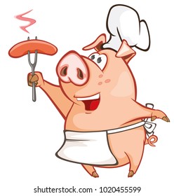 Cartoon Happy Pig Chef Holding Sausage Stock Vector Royalty Free