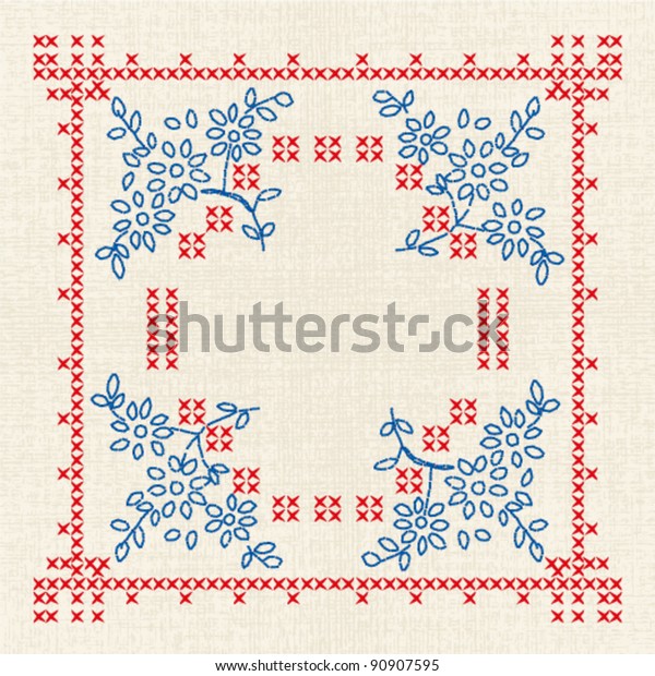 Vector Imitation Vintage Crossstitch Floral Ornate Stock Vector