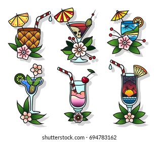 Vector Set Cocktail Glasses Traditional Tattoo Stock Vector Royalty