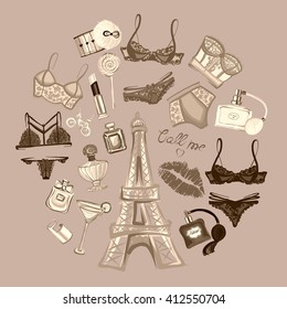 Vektor Stok Lingerie Woman Underwear Set Eiffel Towervector Tanpa