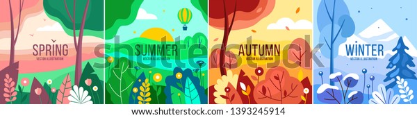 Conjunto Vectorial De Ilustraciones De Temporadas Primavera Verano