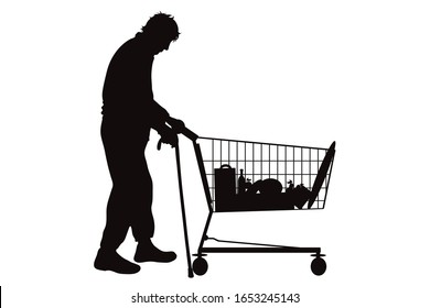 Vector Silhouette Man Push Shopping Cart