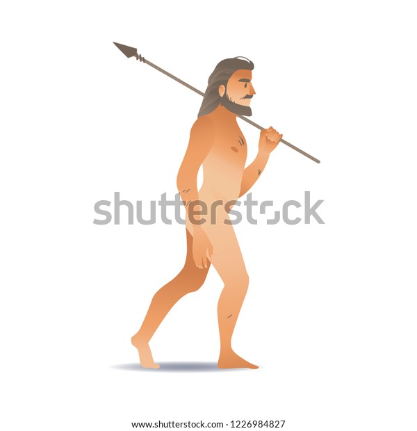 Vector Sketch Caveman Walking Naked Holding Stock Vector Royalty Free