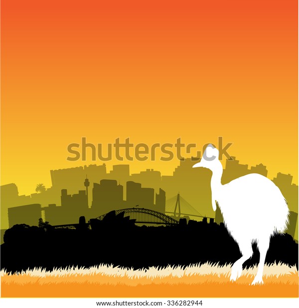 Vector Sydney Skyline Illustration Silhouette Cassowary Stock Vector