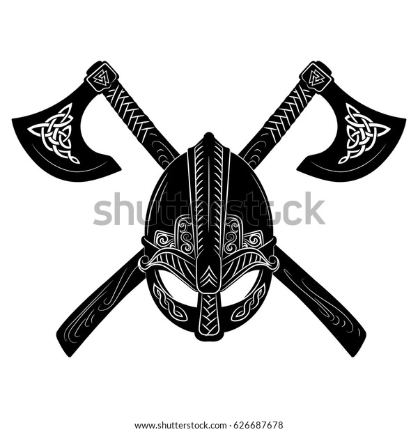 Viking Helmet Crossed Viking Axes And Scandinavian Pattern Vector Illustration