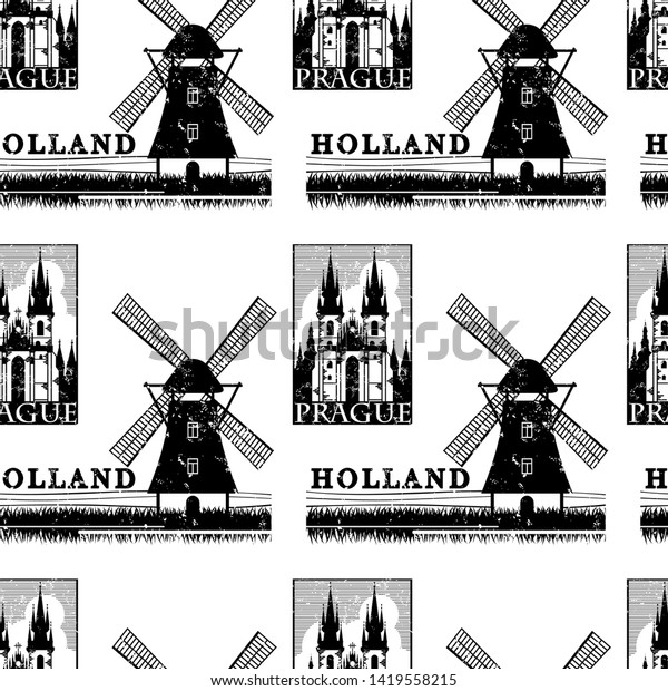 Vintage Paper Landmarks Travel Labels Seamless Stock Vector Royalty