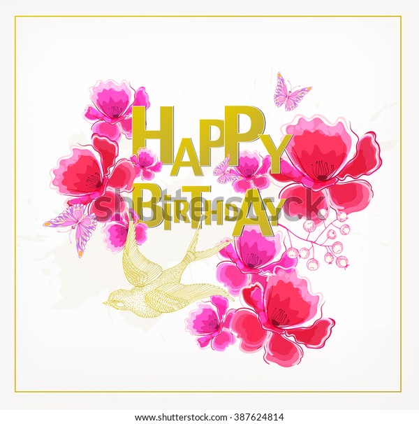 Watercolor Flowers Happy Birthday Card Floral Stock Vector Royalty