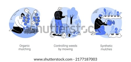 Weed management isolated cartoon vector illustrations set. Organic mulching, controlling weeds by mowing, synthetic mulches in organic farming industry, soil protection vector cartoon.