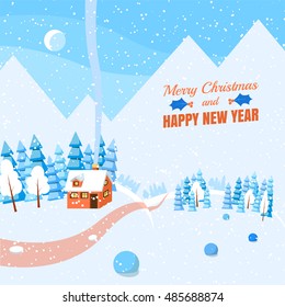 Winter Landscape Powdered House Trees Spruces Stock Vector Royalty