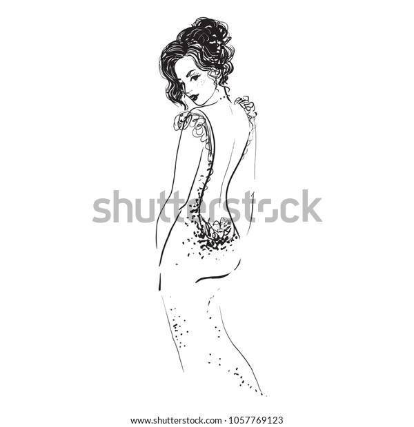 Woman Evening Dress Standing His Back Stock Vector Royalty Free