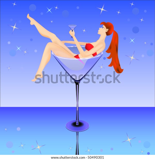 Woman Red Sitting Giant Martini Glass Stock Vector Royalty Free 50490301