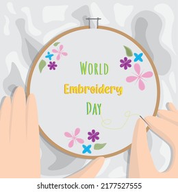 World Embroidery Day Postcard Illustration Embroidered Stock Vector