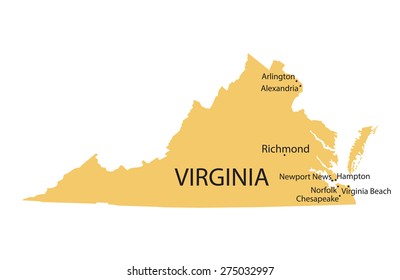 Yellow Map Virginia Indication Largest Cities Stock Vector Royalty Free