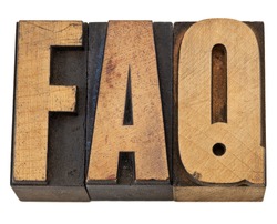 FAQ - frequently asked questions acronym - isolated text in vintage letterpress wood type