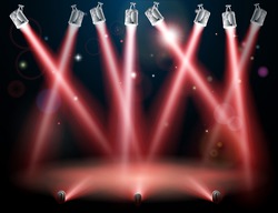 A red spotlight background concept with lots of lights like spotlights in a light show or during a dramatic theatre stage performance