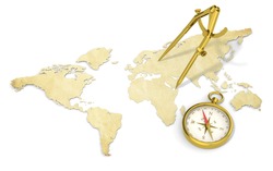 Navigate. A World Map in 3D. Paper Shape, thin and Antique style. Brass Divider and Compass.