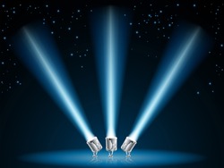 Illustration of search lights or spot lights pointing into dark sky with stars