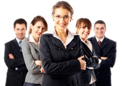Leader and her team, Young attractive business people with focus only on businesswoman in the middle