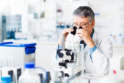 senior male researcher carrying out scientific research in a lab using a microscope (shallow DOF; color toned image)