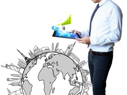 Businessmen, hand pointing on touch screen graph on a tablet isolated on white background
