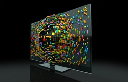 A 3 Dimensional TV Television concept of a flat screen LCD or LED TV with colorful fragmented cubes emitting out of the screen towards the viewer