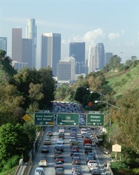 Morning rush hour traffic on Pasadena Freeway into downtown Los Angeles, California