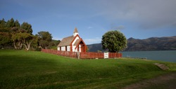 Nice panorama view of Maori church on a sunny day in Akaroa south island New Zealand