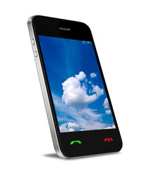 Cloud computing connection on modern mobile smart phone. Isolated on white.