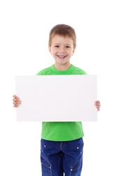 Smiling boy standing with empty horizontal blank in hands, isolated on white