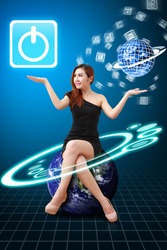 Lady on globe hold the Power icon from app world : Elements of this image furnished by NASA