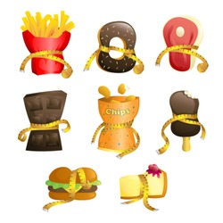 A vector illustration of junk food tied up with measurement tape to illustrate a diet concept