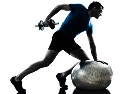 one caucasian man exercising weight training workout fitness in silhouette studio isolated on white background