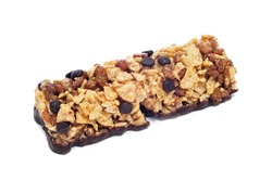 a cereal bar with chocolate on a white background
