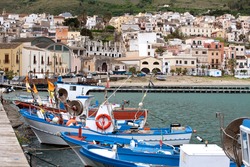 daylight view of harbour with fishing boats of Castellammare del Golfo town, Sicily, Italy