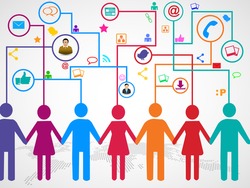 People holding hands under social media communication icons with arrows on world map background. EPS 10.