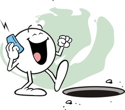 Moodie Character Talking On A Phone And Walking Towards A Man Hole