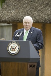 Vice President Dick Cheney speaking during ceremony at James Fort, Jamestown Settlement, Virginia on May 4, 2007, the 400th Anniversary of English establishment of 1607 Jamestown Colony, Virginia