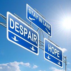 Illustration depicting a highway gantry sign with a hope or despair concept. Blue sky background.