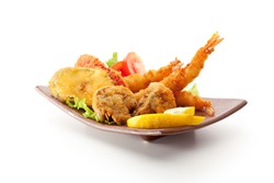 Japanese Cuisine - Tempura Food: Deep Fried Shrimps, Vegetables and Mushrooms
