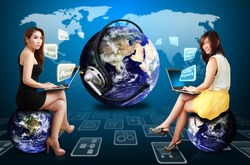 Two lady and world of applications : Elements of this image furnished by NASA