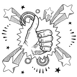 Doodle style sketch of a thumbs up sign with pop explosion background in 1960s or 1970s style in vector illustration.