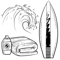 Doodle style surfing gear sketch in vector format. Set includes surfboard, suntan lotion and towel, and cresting wave.